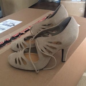 Beige closed toe heels